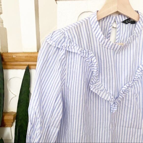 EXPRESS striped ruffle blue white blouse size S - Picture 2 of 7